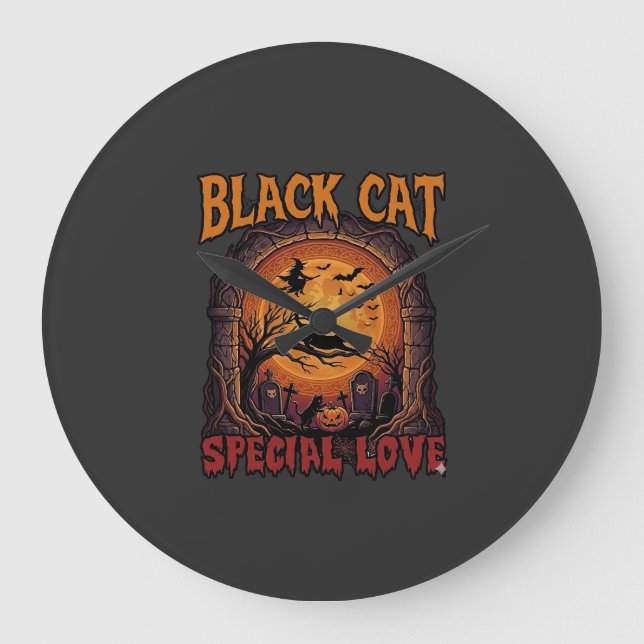 Black Cat Special Love Halloween Moon Witch Pumpki Large Clock (Front)