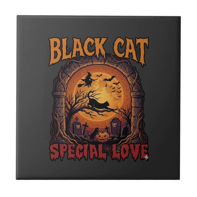Black Cat Special Love Halloween Moon Witch Pumpki Tile (Front)