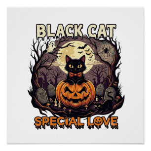 Black Cat Special Love Halloween Pumpkin Full Moon Poster