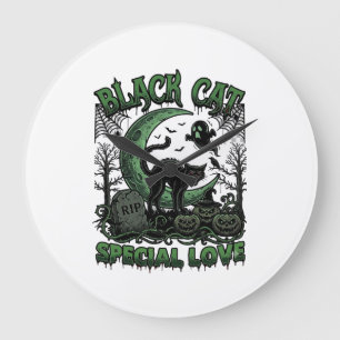 Black Cat Special Love Haloween Crescent Moon Ghos Large Clock
