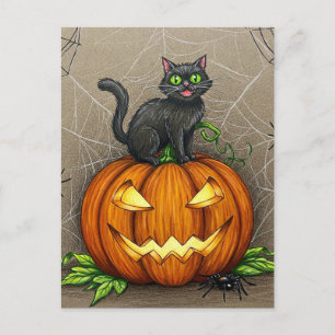 Black Cat Spiders Pumpkin Halloween Postcard