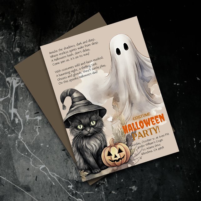 Black Cat | Spooky Ghost Halloween Poem Invitation (Elevate your upcoming event with uniquely designed Halloween invitations featuring a spooky poem!)