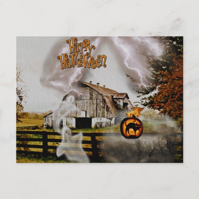*~* Black Cat Spooky Ghosts HALLOWEEN Postcard (Front)