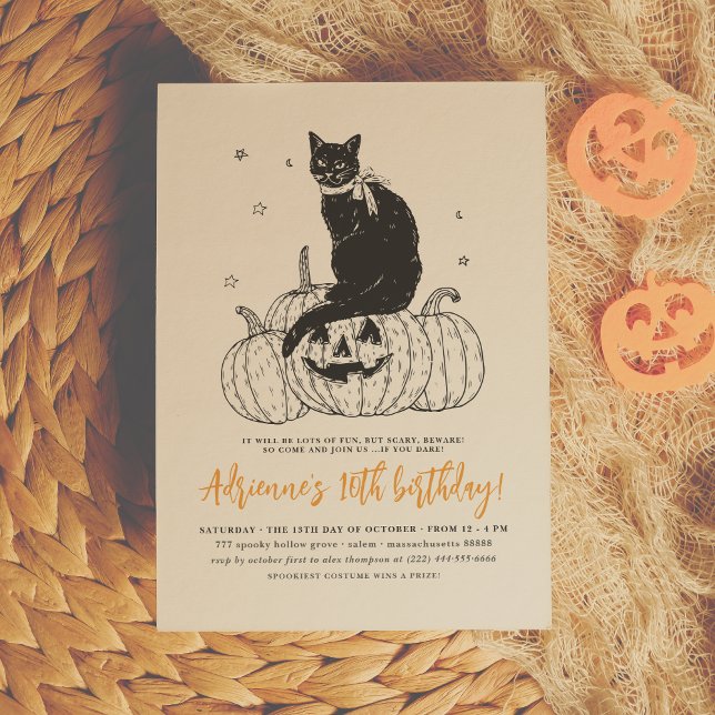 Black Cat Spooky Halloween Pumpkin Birthday Party Invitation (Creator Uploaded)