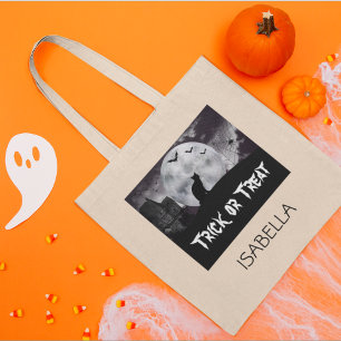 Black Cat Spooky Halloween Trick or Treat Tote Bag