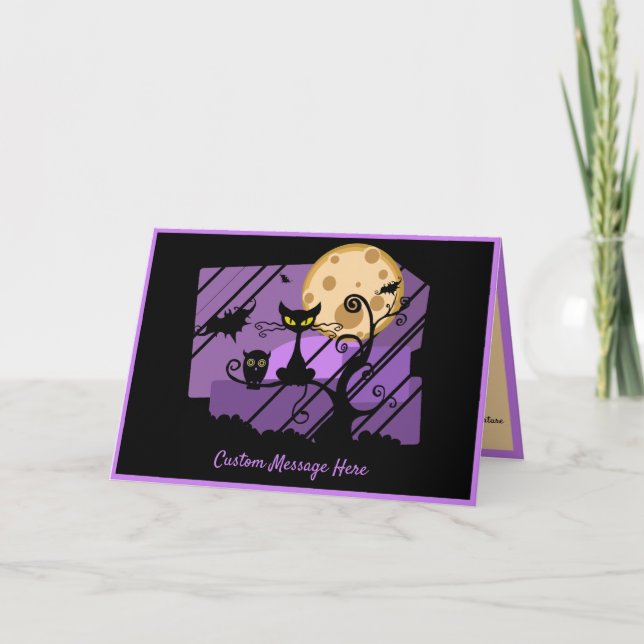 Black Cat Spooky Owl Bat Black Purple Full Moon Card (Front)