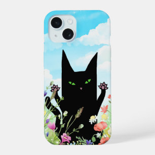 Black Cat Spring Fever: Kitty and Flowers iPhone 15 Case