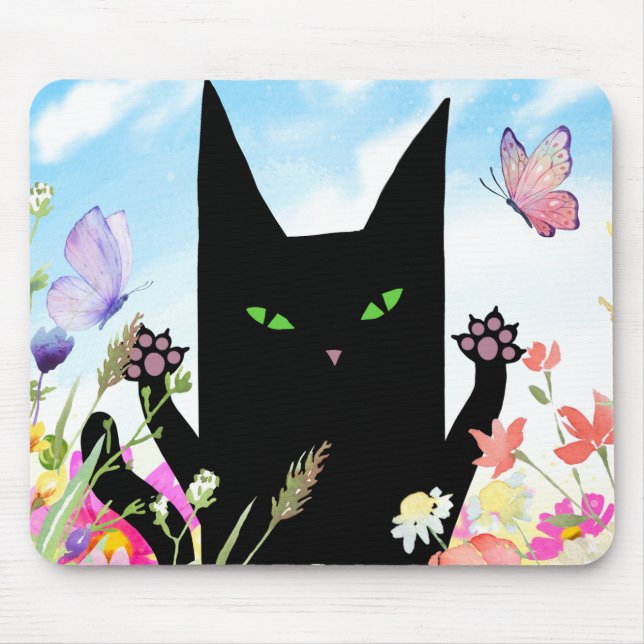 Black Cat Spring Fever:  Kitty and Flowers Mouse Mat (Front)