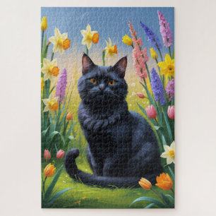 Black Cat Spring Flowers Painting Jigsaw Puzzle