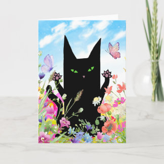Black Cat Spring Greeting Card:  Kitty and Flowers Card