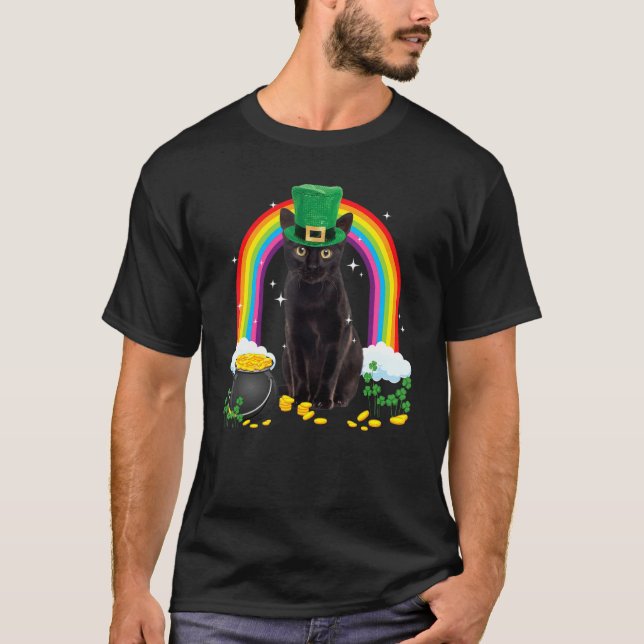 Black Cat St Patricks Day Leprechaun Costume Shamr T-Shirt (Front)