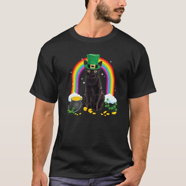 Black Cat St Patricks Day Leprechaun Costume Shamr T-Shirt (Front)