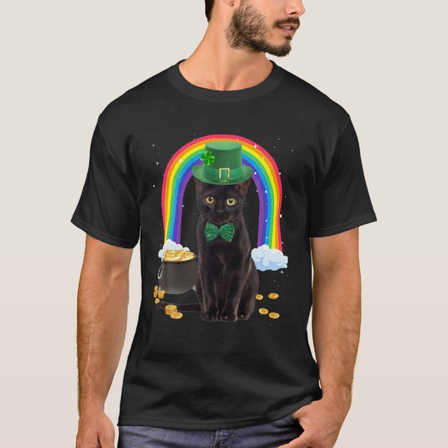 Black Cat St Patricks Day Leprechaun Costume Shamr T-Shirt (Front)