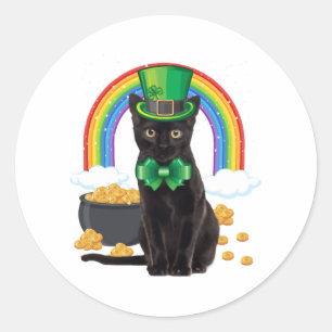 Black Cat St Patrick's Day Leprechaun Shamrock Classic Round Sticker