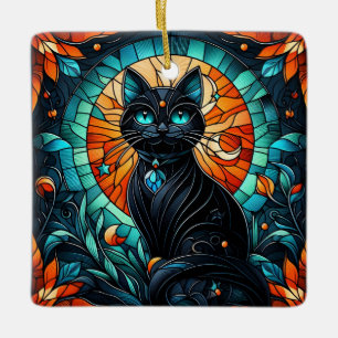 Black Cat Stained Glass Graphic Ceramic Ornament