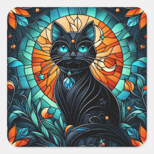 Black Cat Stained Glass Graphic Square Sticker