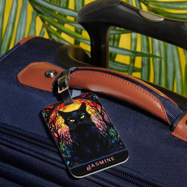Black Cat Stained Glass Red Spooky Luggage Tag (Front Insitu 1)