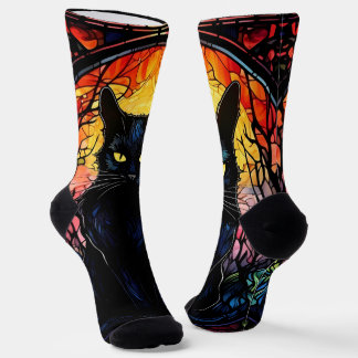 Black Cat Stained Glass Red Spooky Socks