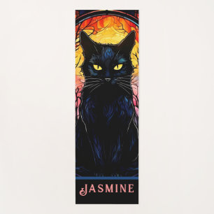 Black Cat Stained Glass Red Spooky Yoga Mat