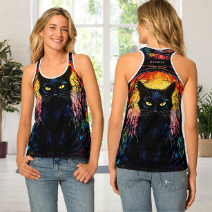 Black Cat Stained Glass Red Spooky Yoga Tank Top