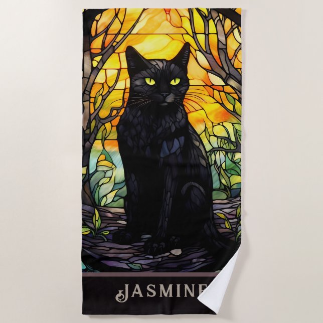 Black Cat Stained Glass Yellow  Beach Towel (Front)