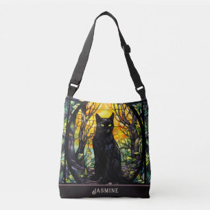 Black Cat Stained Glass Yellow Crossbody Bag