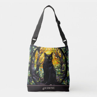 Black Cat Stained Glass Yellow  Crossbody Bag
