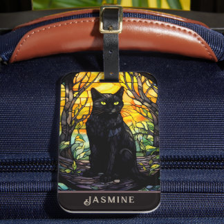 Black Cat Stained Glass Yellow  Luggage Tag