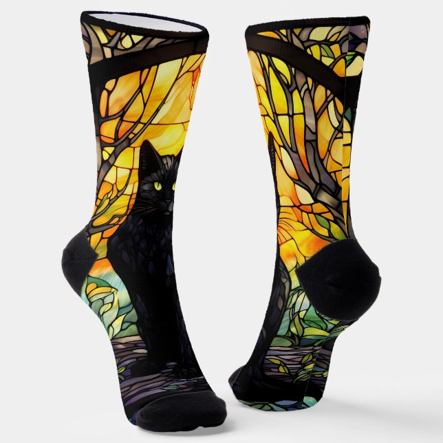 Black Cat Stained Glass Yellow  Socks (Angled)