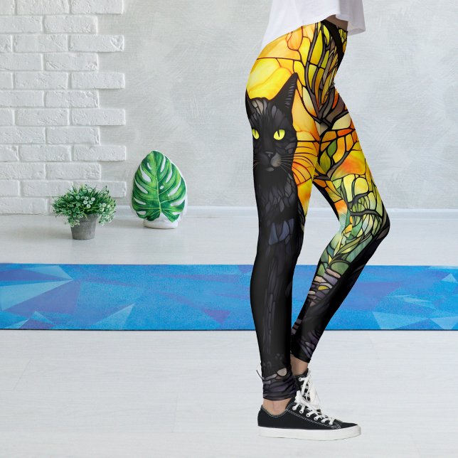 Black Cat Stained Glass Yellow Yoga Leggings (Black Cat Lover Stained Glass Leggings)