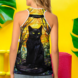 Black Cat Stained Glass Yellow Yoga Tank Top
