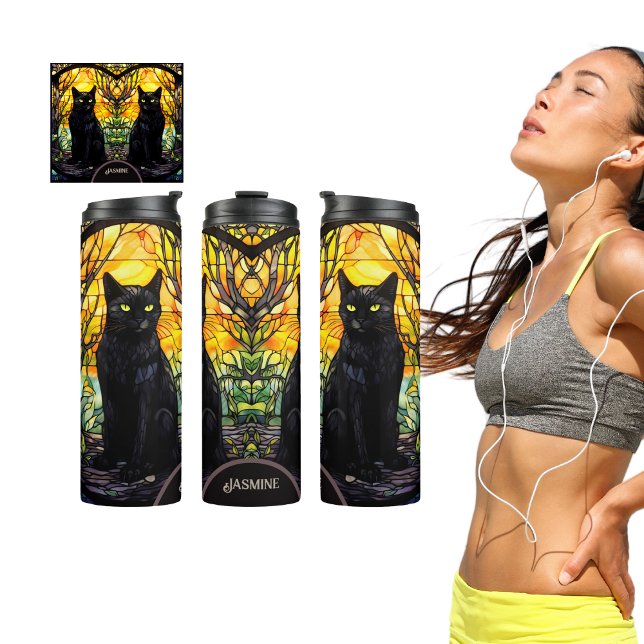 Black Cat Stained Glass Yellow Yoga Thermal Tumbler (Black Cat Lover with Stained Glass Design Thermal Tumbler )