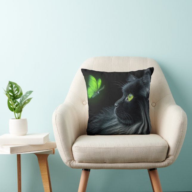 Black Cat Staring At a Glowing Green Butterfly Cushion (Chair)