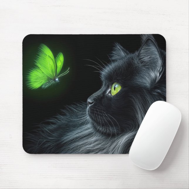 Black Cat Staring At a Glowing Green Butterfly Mouse Mat (With Mouse)