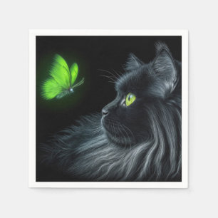 Black Cat Staring At a Glowing Green Butterfly Napkin