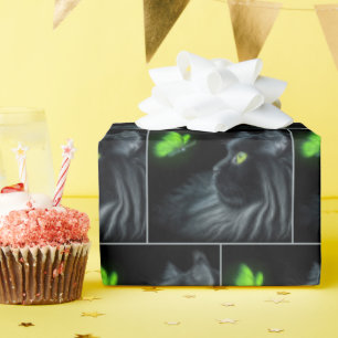 Black Cat Staring At a Glowing Green Butterfly Wrapping Paper