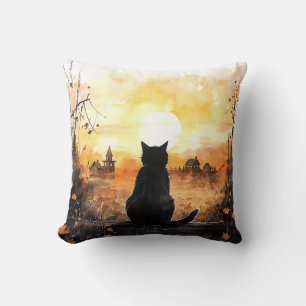 Black Cat Staring at Setting Sun Fall Halloween Cushion