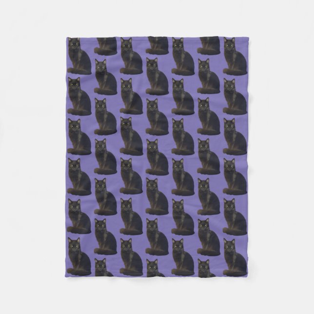Black Cat Staring Ominously Photo Cutout Purple Fleece Blanket (Front)