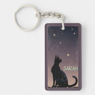 Black Cat Starry Night Celestial Feline Art Gift  Key Ring