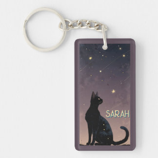 Black Cat Starry Night Celestial Feline Art Gift  Key Ring