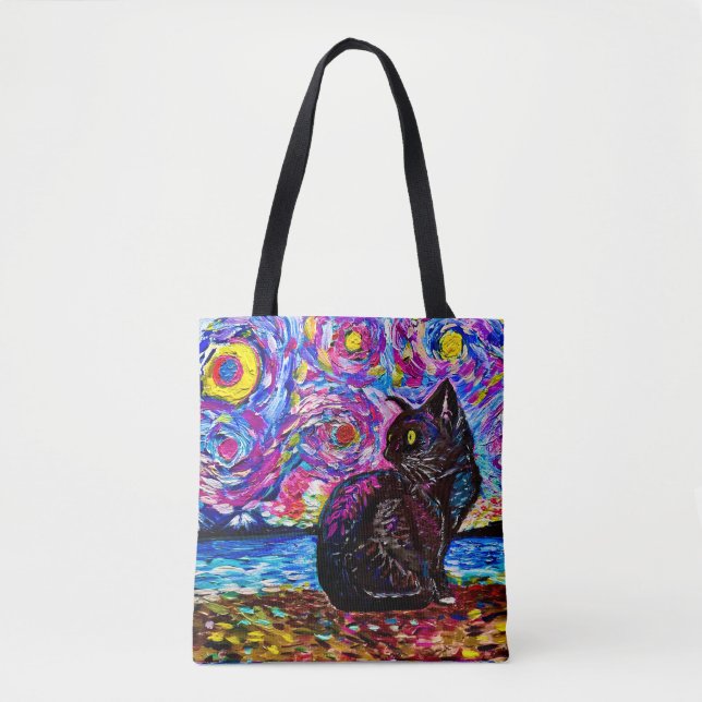 Black Cat Starry Night Tote Bag (Front)