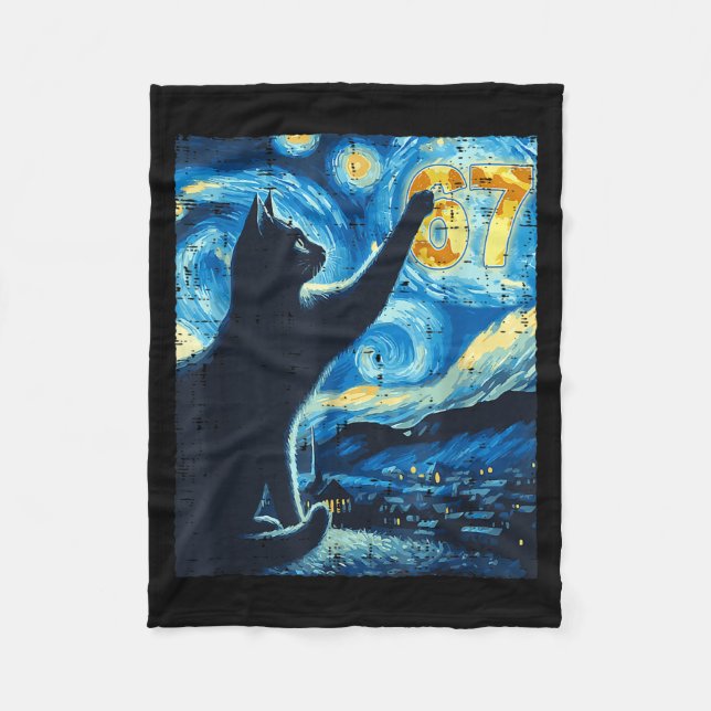 Black Cat Starry Night Van Gogh Cat 67 Six Seven M Fleece Blanket (Front)
