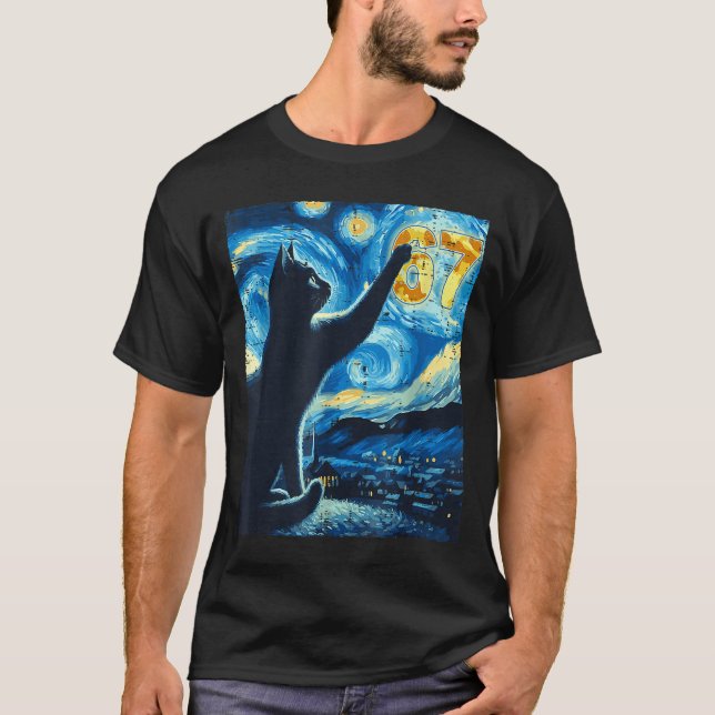 Black Cat Starry Night Van Gogh Cat 67 Six Seven M T-Shirt (Front)