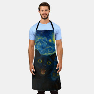 Black Cat Starry Night Van Gogh Cat Selfie Apron