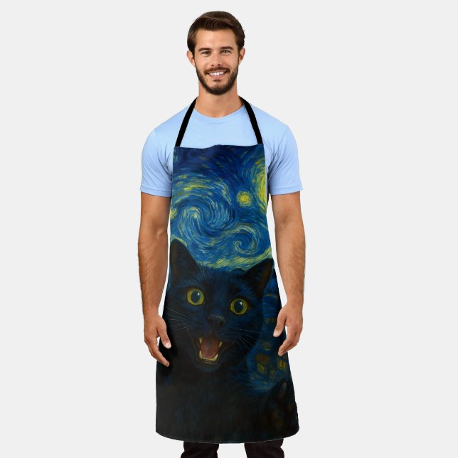 Black Cat Starry Night Van Gogh Cat Selfie  Apron (Worn)