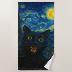 Black Cat Starry Night Van Gogh Cat Selfie  Beach Towel