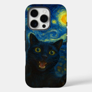 Black Cat Starry Night Van Gogh Cat Selfie iPhone 16 Pro Case
