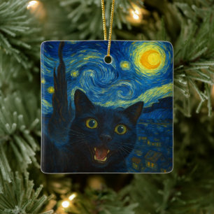 Black Cat Starry Night Van Gogh Cat Selfie  Ceramic Ornament