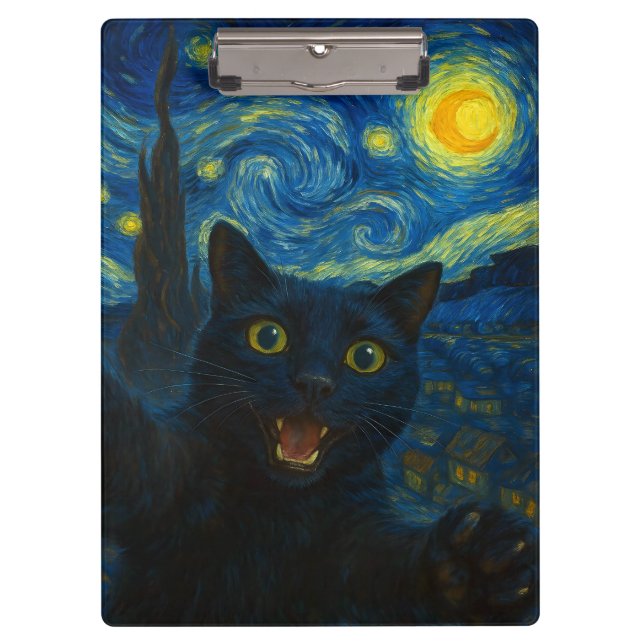 Black Cat Starry Night Van Gogh Cat Selfie  Clipboard (Front)