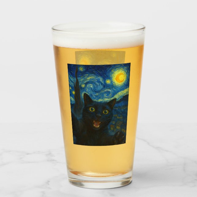 Black Cat Starry Night Van Gogh Cat Selfie  Glass (Front Filled)